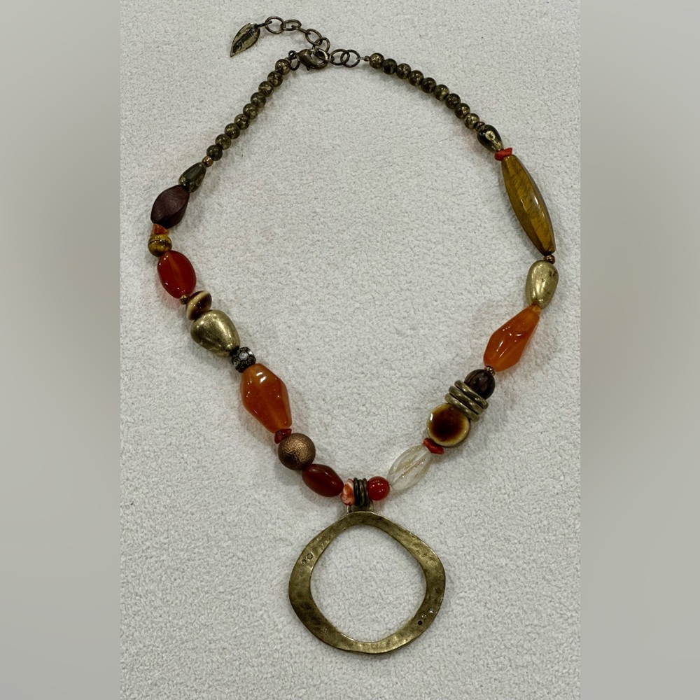 Coldwater Creek Vintage Necklace Colorful Stone with Brass Ring Boho Vibe 20”